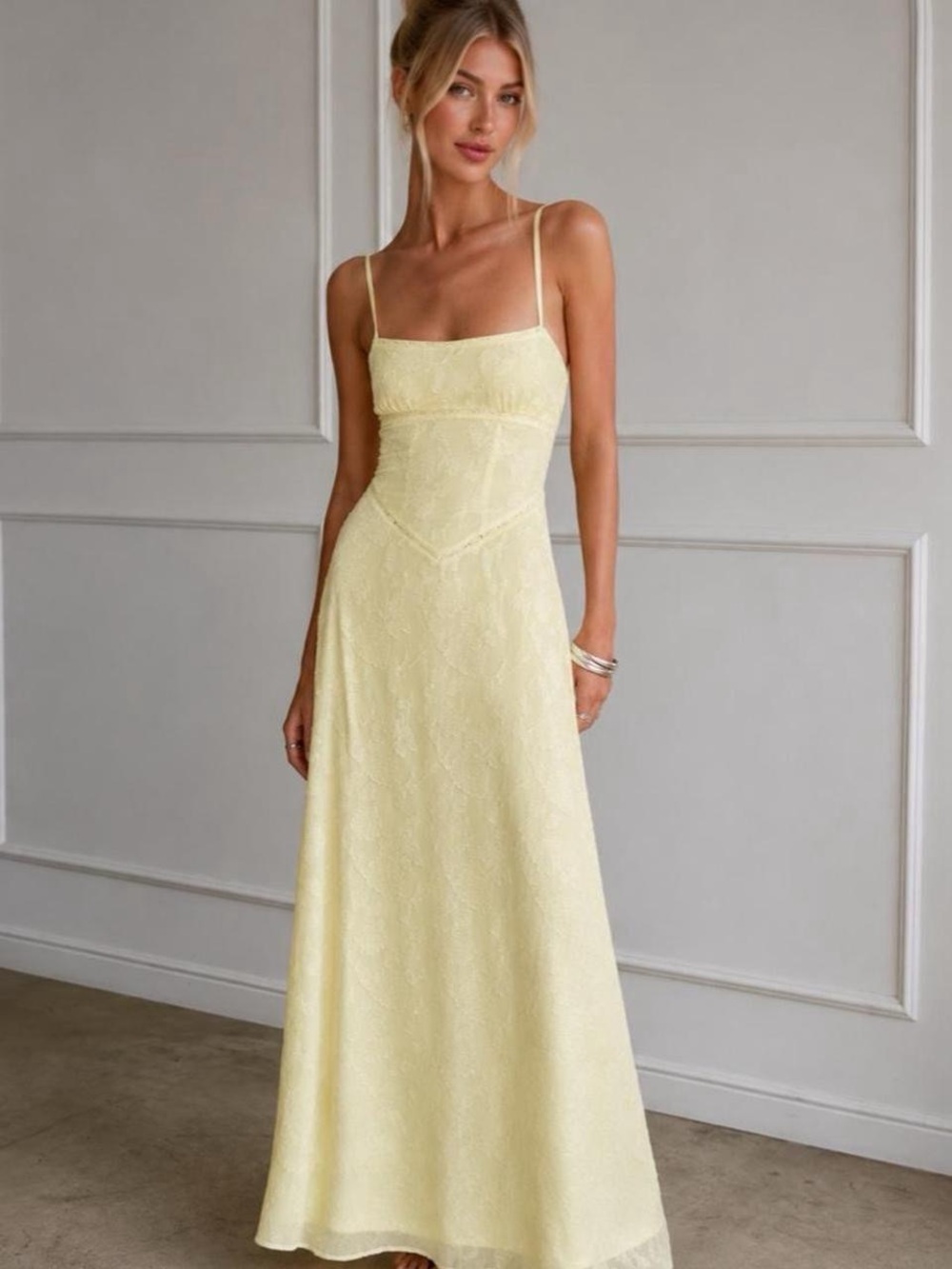 Princess Polly Pale Yellow Lace Maxi Dress with Spaghetti Straps